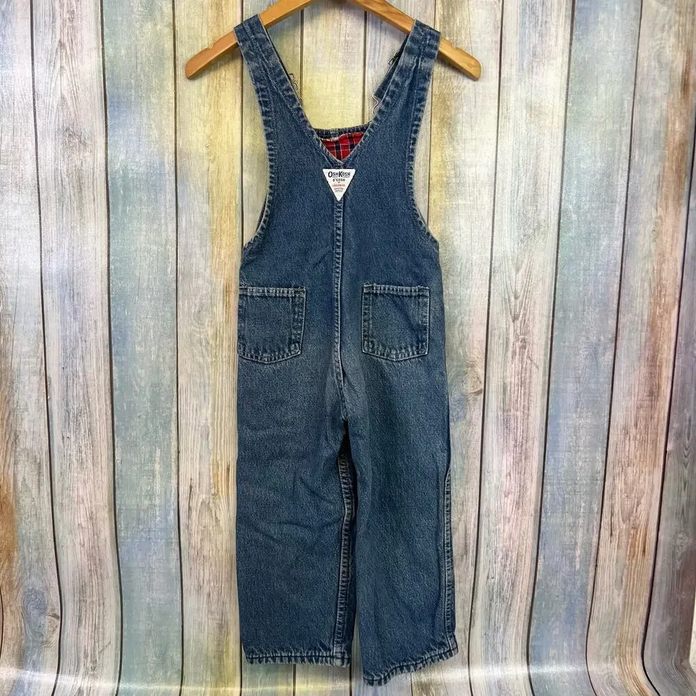 OshKosh B'Gosh Denim Overalls Red Plaid Lined Size 4T Made USA Vintage Vestbak